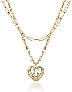 Lobster Clasp 18k Gold Plated Mevecco Heart Necklace with Elongated Singapore Chain and Cubic Zirconia for Women in Layered Design