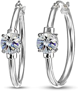 Sterling Silver Round Solitaire 25mm Hoop Earrings Made with European Crystals