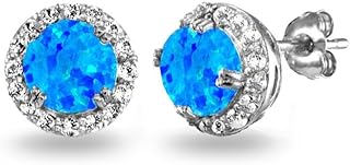 Sterling Silver Synthetic Blue Opal Round Halo Stud Earrings with Push-back Closure for Women and Girls