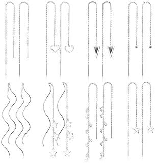 LOLIAS 8Pairs Threader Earrings Chain Earrings Tassel Earrings for Women Stainless Steel Double Twist Wave Drop Dangle Earrings with Rhinestones Lightweight Long Chain Earrings Set