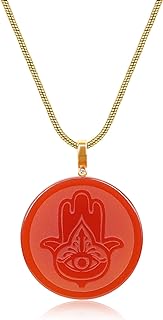 COAI Hand of Fatima Red Carnelian Stone Pendant with Stainless Steel Box Chain and Lobster Clasp for Women