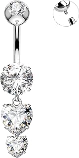 OUFER Titanium Belly Rings, Belly Button Rings Dangling, Clear CZ Belly Piercing Jewelry, Heart Navel Piercing Jewelry, Internally Threaded Belly Rings For Women and Men