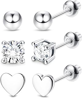 Sllaiss 3 Pairs Sterling Silver Cartilage Stud Earrings for Women White Gold Plated 4MM Heart Ball CZ Tiny Stud Earrings 20G Screw Back Stud Earrings for for Sensitive Ear
