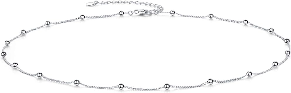 EPIRORA Choker Necklace for Women 925 Sterling Silver Gold Plated Dainty Satellite Bead Chain Pendant Minimalist Jewelry, 16''+2"