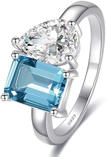 Classic 14K Gold Plated Sterling Silver 1.5ct Emerald and Pear Cut Aquamarine Engagement Ring for Women with Two-Stone Toi Et Moi Design, Size 5-9