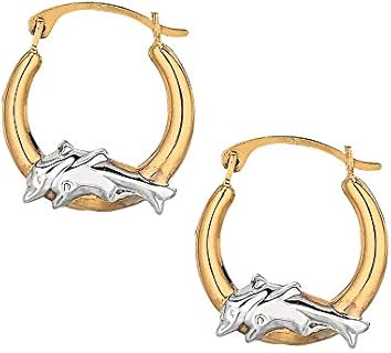 10K Yellow White Gold Shiny Round Hoop Earrings With Dolphins