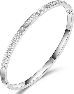 MYNENEY Rose Gold/Gold/Silver Womens Link Bracelets Stainless Steel Pave Cubic Zironia Simulate Diamond Stackable Oval Hinged Bangle Bracelet 6.5-7.5Inch