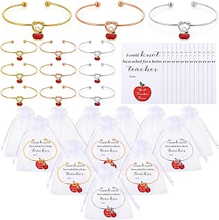 Easy Hook Alloy Bangle Bracelet Set - 12 Box Chain Infinity Knot Bracelets with Apple Charm for Teachers - Appreciation Gift Set with Greeting Cards and Bag