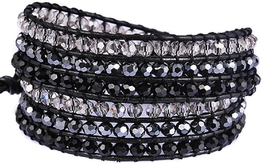 Adjustable Genuine Leather Wrap Bracelet with Multicolor Faceted Rhinestone Beads and Stainless Steel Button - Stylish Gift for All Occasions (Double Wrap Design)