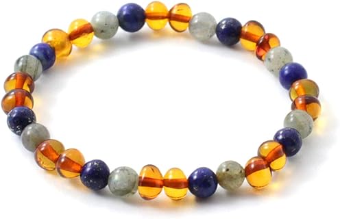 Magnetic Clasp Amber Bead Bracelet with Box Chain - Gemstone Accents for Adults (Unisex) - Polished Cognac Baltic Amber Design