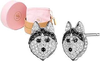 Sterling Silver Wolf Earrings Studs with Cubic Zirconia for Dog Lovers, Push Back Husky Design