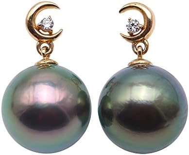 14K Yellow Gold & Tahitian Pearl Drop Earrings, Beaded Back, Dangle Design, for Women, Round Shape