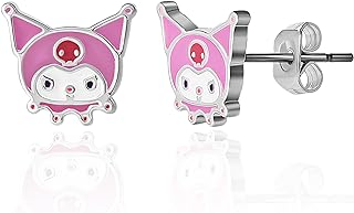 Hello Kitty Sanrio Womens and Friends Kuromi Stud Earrings - Silver Plated and Enamel Kuromi Earrings Official License