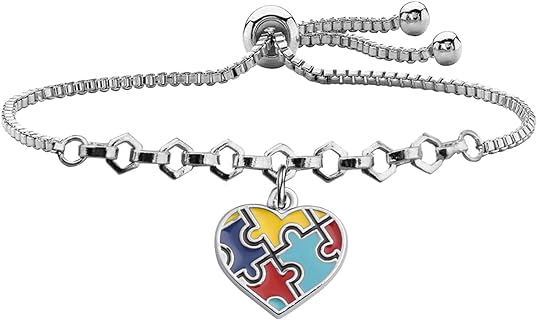 Stainless Steel Autism Support Slide Clasp Bracelet with Vibrant Puzzle Piece Charm, Perfect for Autism Moms and Teachers, Featuring Box Chain Design