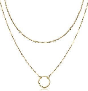 PAVOI 14K Gold Plated Ring Pendant Layering Necklace for Women | Dainty Circle Charm Beaded Choker Layered Necklaces