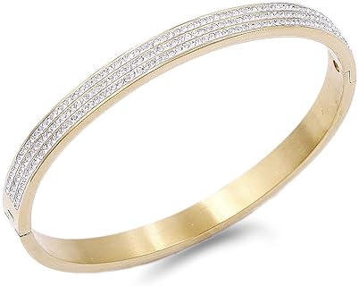 Lavencious Gold Plated Stainless Steel with CZ Stones Hinged Bangle 6mm Width Bracelets fow Women 7"