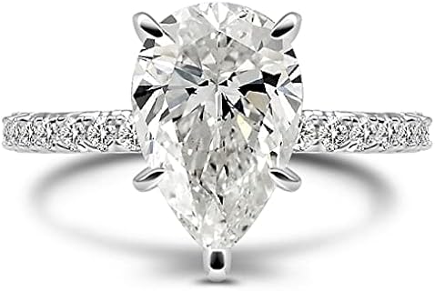 Sterling Silver 4 Carat Pear Cut Moissanite Engagement Ring, D Color VVS1 Clarity, Size 5-10