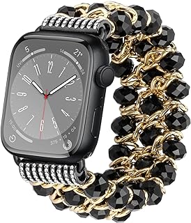 Glitter Beaded Bracelet Compatible for Apple Watch Women Clear 38mm 40mm 41mm 42mm 44mm 45mm 49mm Band,Fohuas Crystal Pearl Bangle for iWatch Ultra Series SE 9 8 7 6 5 4 3 2 1 Metal Pink Elastic Jewelry Strap for iphone watch Starlight Silver Black Gold Rose Gold