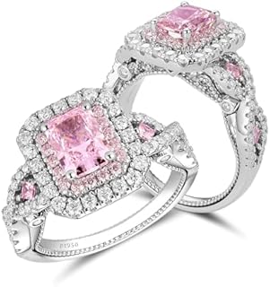 DovEggs Engagement Ring for Women 5ct Total Pink Crushed Ice Radiant Cut CZ Simulated Diamond Vintage Engagement Ring Double Halo with Moissanite Accents Sterling Silver