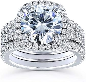 14K White Gold Clasp Moissanite and Diamond Tangled Wedding Rings, Cushion-Halo Design, for Women - Kobelli Round Forever One Bridal Set