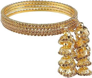 Indian Gold Bangle Bracelets with Bead Chain and Spring Ring Clasp, Embellished with Rhinestone and Crystal for Women & Girls, Traditional Jhumka Design