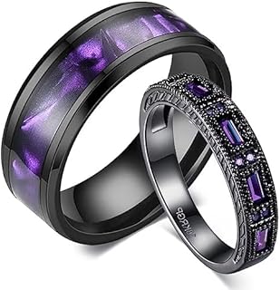 His and Hers Black Gold and Titanium Wedding Ring Set with Purple Cubic Zirconia Detailing - Suitable for All Occasions