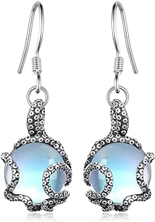 Octopus Earrings 925 Sterling Silver Moonstone/Obsidian/Turquoise Octopus Earrings Tentacle Jewelry Ocean Gift for Women Girl