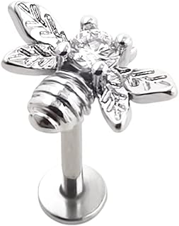 Bee Nose Ring with Cubic Zirconia for Stylish Piercing Enthusiasts, Stainless Steel Labret/Lip/Cartilage Stud Design