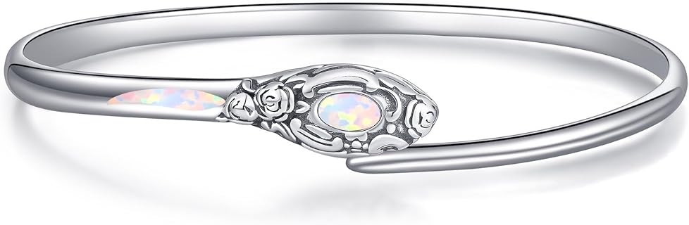 Sterling Silver Bangle Bracelets Opal Bangle Bracelets for Women Vintage Flower Cuff Bangle Bracelets Jewelry Gifts