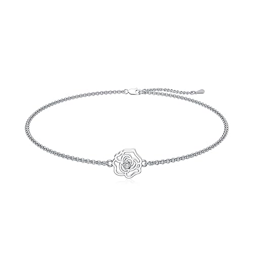 Flower Ankle Bracelet for Women, 925 Sterling Silver Crystal Adjustable Anklet