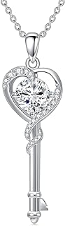18K White Gold Plated Sterling Silver Heart Key Pendant Necklace with Rolo Chain and 1CT Moissanite Diamond for Women