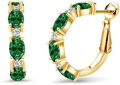 Notable 18K Yellow Gold Plated Silver Earrings with White Lab Grown Diamonds and Green Created Emeralds in a Hoop Design - Secure Lever Back - Women's Elegant Jewelry