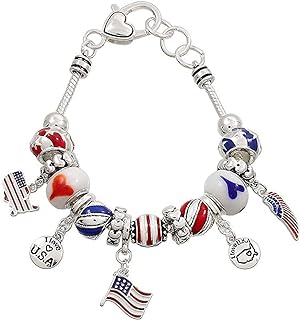 USA Symbolic Flag Beaded Bracelet with Lobster Claw Clasp, Ideal for Proud Americans, Round Patriotic Design
