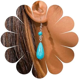 Bohemian Vintage-Style Long Teardrop Turquoise Earrings with French Wire Back for Women & Girls