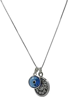 Unisex Protection Pendant - Sterling Silver Coin Charm Necklace, 20" Box Chain, with Blue Evil Eye Glass Design and Spring Ring Clasp - Including Cotton Pouch and Explanation Card