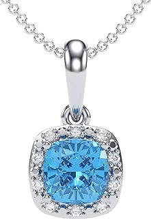 Petite Motif Genuine 10K White Gold Birthstone Pendant with Natural Diamond Halo - Elegant 6mm Gemstone Cushion Pendant Necklace with 18" Chain and Spring Ring Lock for Women and Girls