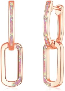 CiNily Paperclip Huggie Hoop Earrings for Women, Created Fire Opal Chain Link Earrings, 14K White Gold Plated Small Drop Dangle Earrings for Sensitive Ears, Rectangle Earrings for Christmas Gifts