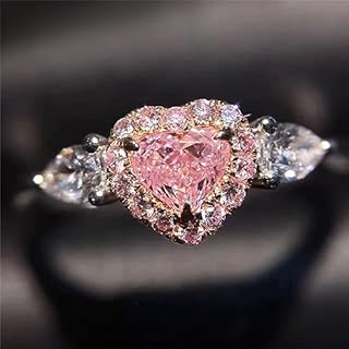 AZQ 925 Sterling Silver Heart-Shaped Perfect Cut 2ct Pink Gemstone Ring Three-Stone Shiny Heart Rings CZ Cubic Zirconia Promise Love Halo Engagement Wedding Band Eternity Ring for Women