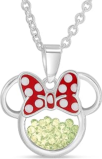 Disney Birthstone Jewelry - Minnie Mouse Peridot Green Cubic Zirconia Pendant Necklace with Lobster-Claw Clasp & Adjustable Cable Chain, Silver Plated Brass - 18+2" Extender for Women & Girls