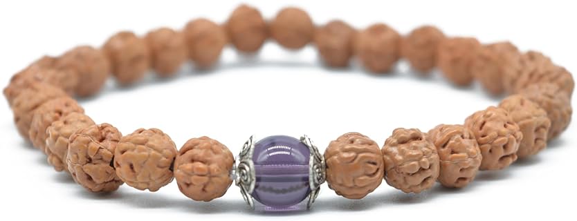Handmade 5 Mukhi Rudraksha Tibetan Bead Bracelet with Bead Chain, Agate Gemstones & Secure Buckle Clasp - Perfect for Meditation, Yoga & Prayer