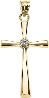 No-Clasp 14K Yellow Gold Cross Pendant with White Diamond Accent - Unisex Faith-Inspired Jewelry - Elegant Heart-Center Design