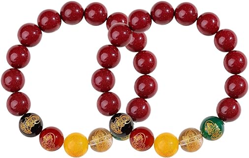 2-Piece Cinnabar bracelet, Traditional Chinese Wealth and Auspicious Bracelet,Feng Shui Blessing Beads Bracelet with Cinnabar for Warding Off Evil and Disasters,Fortune,and Friendship,for Men and Women
