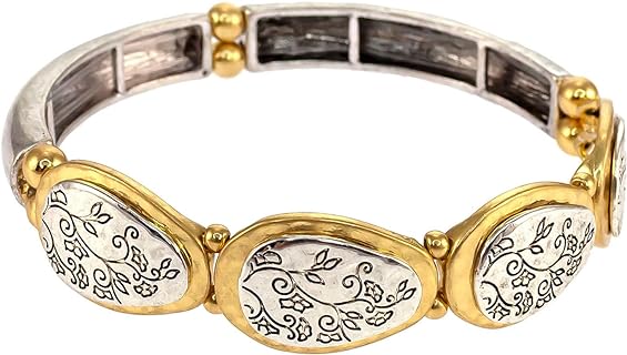 Ruby Rd. Women's Floral Engraved Beaded Silver and Gold Bangle - 3" Stretch Adjustable Bracelet - Womens Vintage Fashion Jewelry