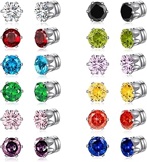 Spiritlele Unisex Colored Cubic Zirconia Stud Magnetic Earrings Set in Stainless Steel with Six-Prong Crystal Design - 12 Pairs