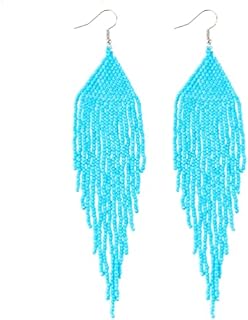 Native Long Bohemian Beaded Dangle Earrings with French Wire Back Finding for Women, Tribal Drop Design