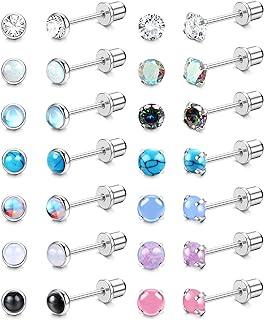 YADOCA 14Pair Hypoallergenic Stud Piercing Earrings with Screw Back, Versatile Cubic Zirconia, Opal, Moonstone, and Turquoise, in Stainless Steel for Men and Women