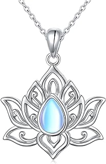 Peaceful Sterling Silver Yoga Lotus Pendant Necklace with Lab Moonstone and Secure Spring Ring, Hypoallergenic Rolo Chain Included - Perfect Gift for Women and Girls