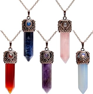 Bivei Retro Antique Brass Chakra Necklace Hexagonal Prism Gemstone Quartz Crystal Stone Healing Pendant