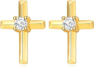 Real 10k Gold Created Moissanite Cross Stud Earrings for Women, 10 Carat Gold Religious Jewelry Confirmation Gifts for Her