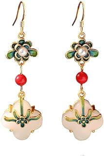 14K Gold Plated Jade Dangle Earrings with S925 Sterling Silver French Wire Back Finding for Women, Clover Design